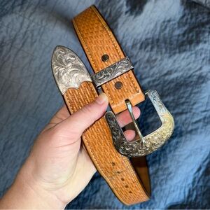 Edwin R. Harris Sterling Silver Overlay Buckle & Leather Belt, size 36